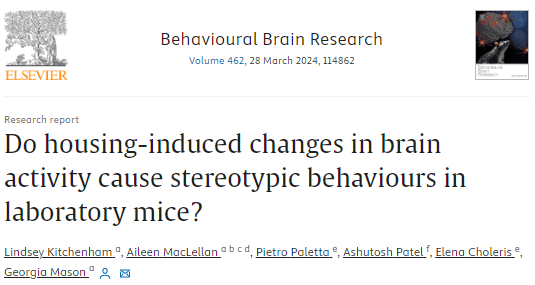 Screenshot of publication - Behavioural Brain Research. "Do housing-induced changes in brain activity cause stereotypic behaviours in laboratory mice"